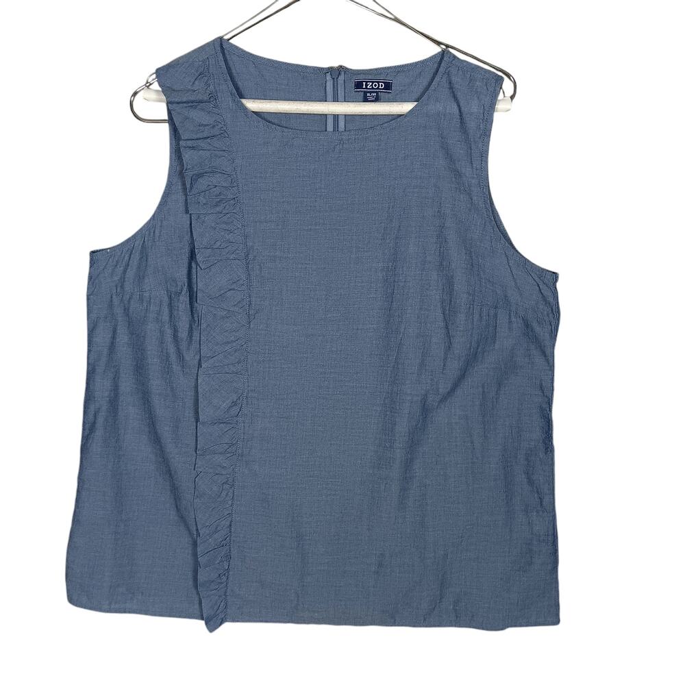 IZOD Chambray Top XL Blue Sleeveless Right Side Ruffle Round Neck Zip up Back